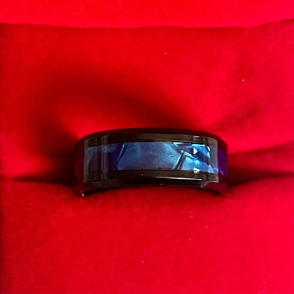 Black Tungsten Ring Blue Opal Inlay Beveled Edges 8mm Band Size 8